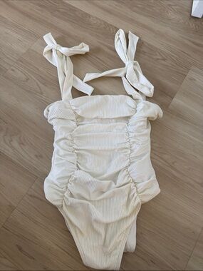 MINKPINK Cream Ruched One-Piece Swimsuit with Tie Straps